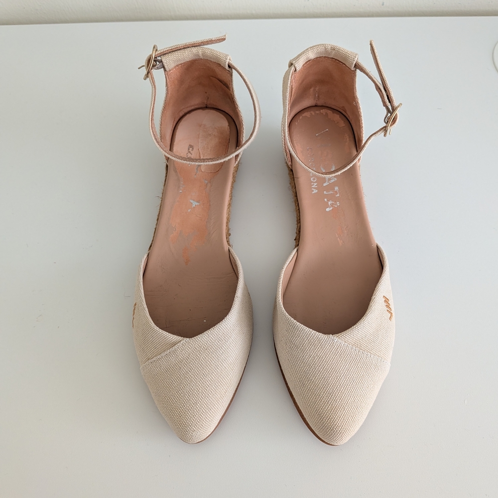 Viscata Barcelona Beige Canvas Espadrille Ankle Strap Flats Spain Size 36
